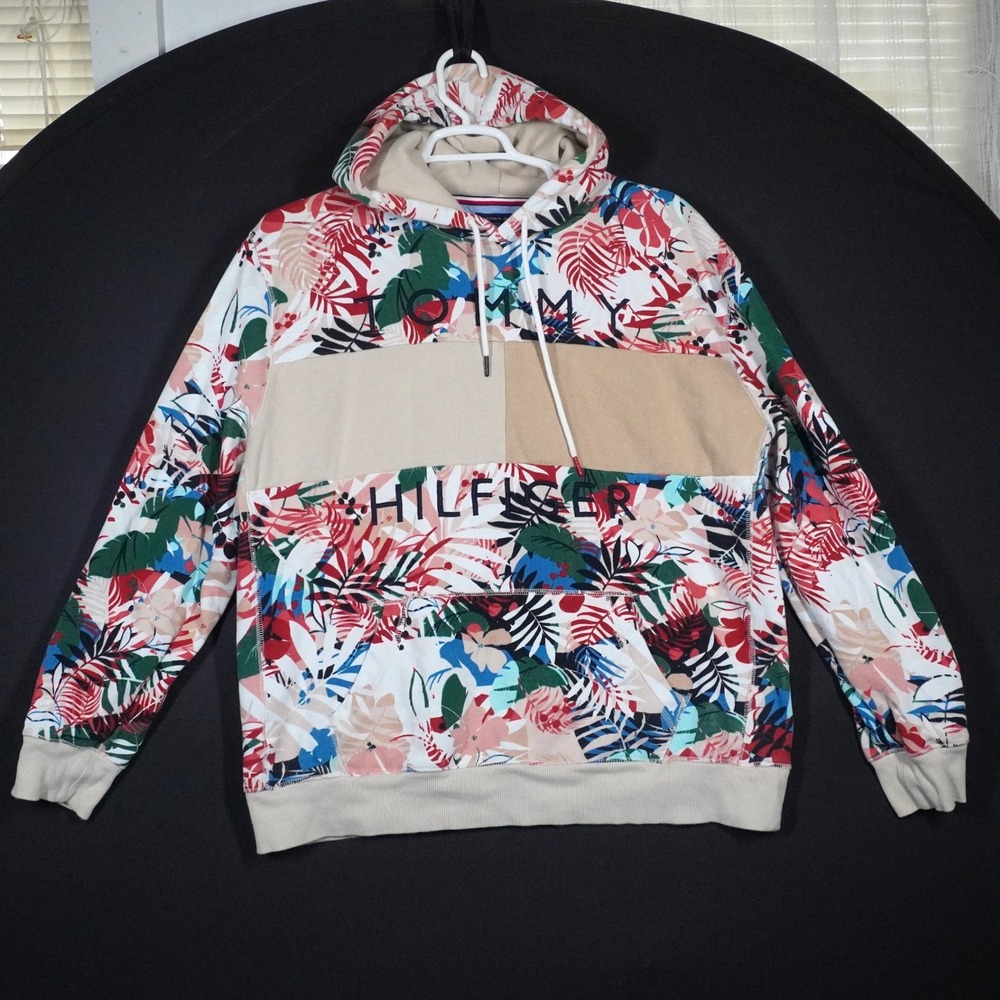 Tommy Hilfiger Hoodie Mens XL Multicolor Tropical Floral Colorblock Embroidered